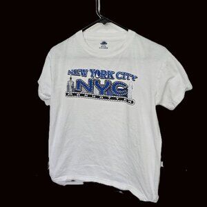 New York City Top Manhattan White Blue Short Sleeves Womens Size Medium